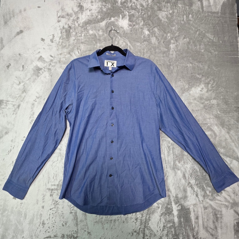 Express Men 1MX Fitted Blue Micro Dot Long Sleeve Button Down Shirt Medium M